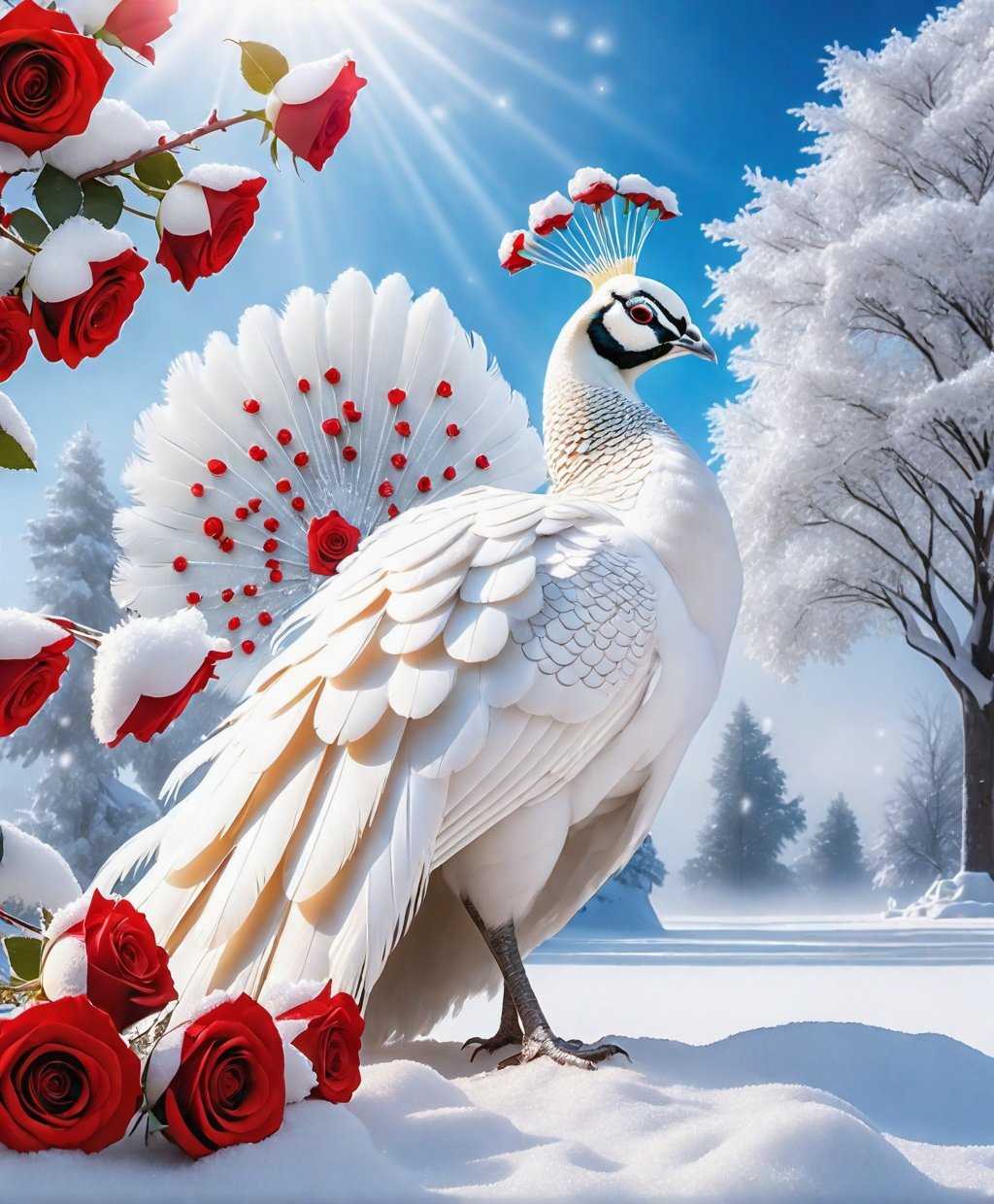 this is a beautiful winter snow scene, a beautiful white peacocks shining feathers,beautiful jewelry adorned feathers,a big tree covered with white snow, The ground is covered with red roses, the halo perspective is surreal, the photography is bright, soft, the artistic conception is beautiful, and the ultrahigh definition picture is clear and fine,8k hd ,ureal