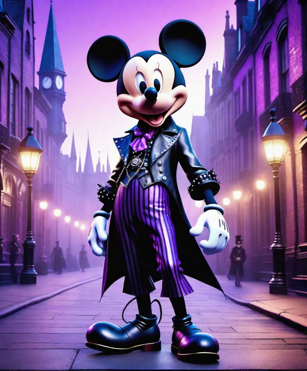 punk rock fusion of a villain Micky Mouse, full body, edwardian city, gothic punk, faint purple gradient in background, UHD render, lush post processing, photorealistic, high resolution, 4k