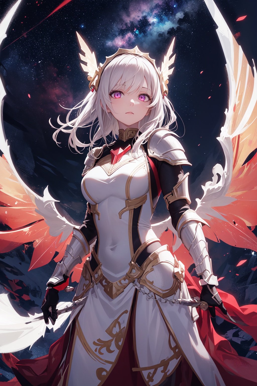 masterpiece, best quality, 1girl,solo,absurdres,looking at viewer,high detailed eyes,white full armor , white sword,headress,valkyrie, standing,late night,glowing wings,center,red nebula color eyes,sharp look,glowing effect,glowing nebula sky