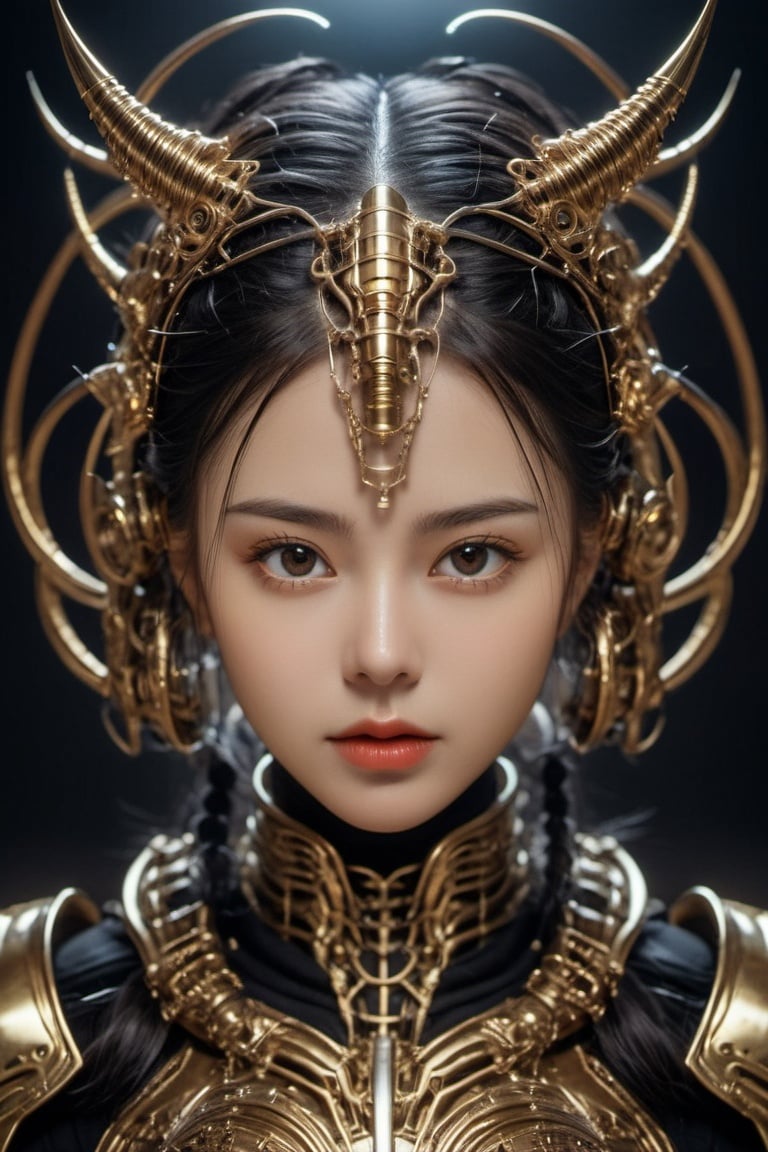 xxmix_girl,surreal photo of men, golden eyes, centered, symmetrical, Diablo , shiny armor, intricate detailed, giger, wires, mechanical ribs, realistic, fujifilm, 8k, HDR, cyborg style,Movie Still,SteelHeartQuiron character, Diablo style ,beautymix,cutegirlmix