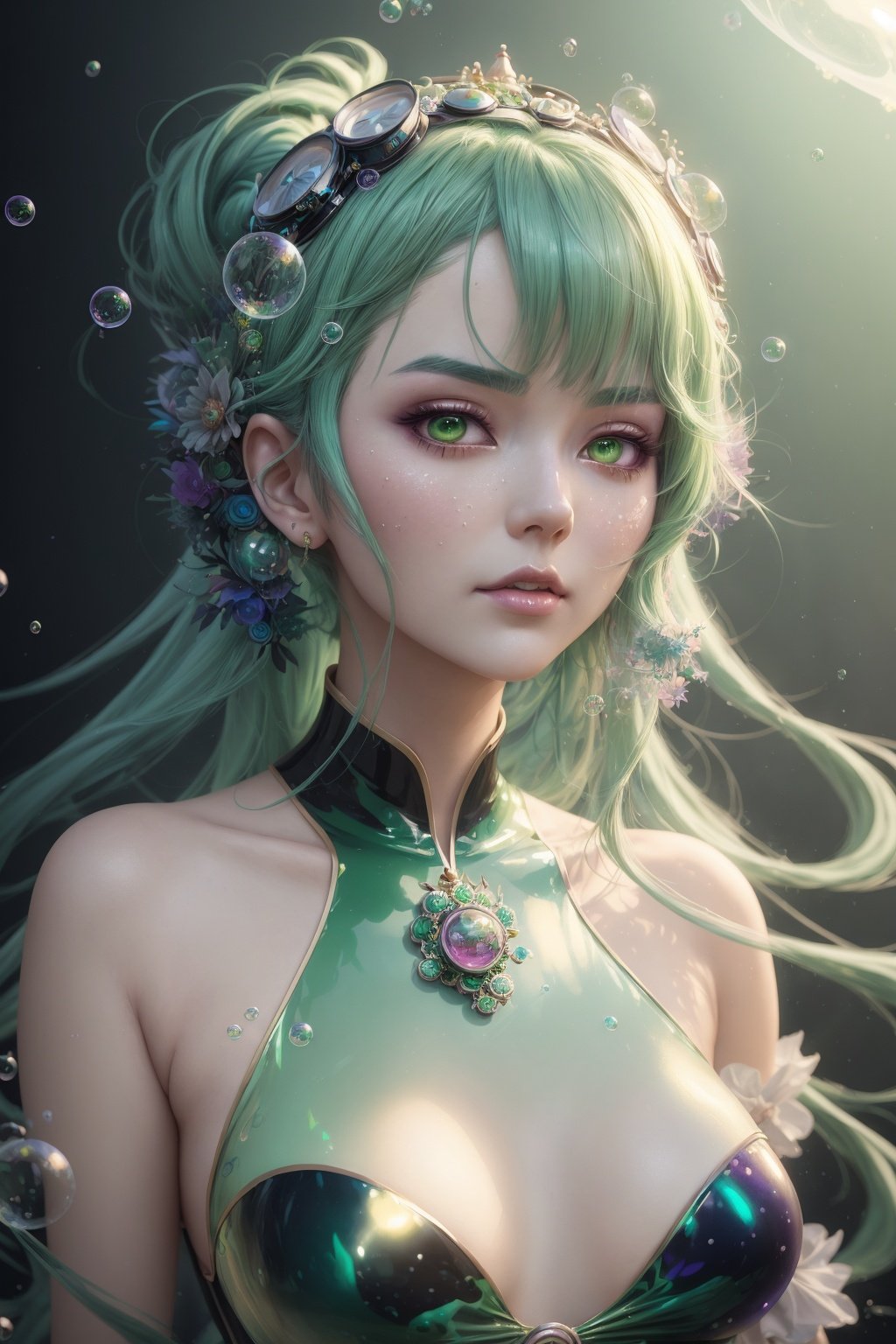 a woman with green hair is surrounded by bubbles, inspired by Yanjun Cheng, fantasy art, pop japonisme 3 d ultra detailed, fantasy victorian art, style hybrid mix of beeple, sakimichan frank franzzeta, underwater face, rossdraws 1. 0, stylized 3 d, beeple and jeremiah ketner