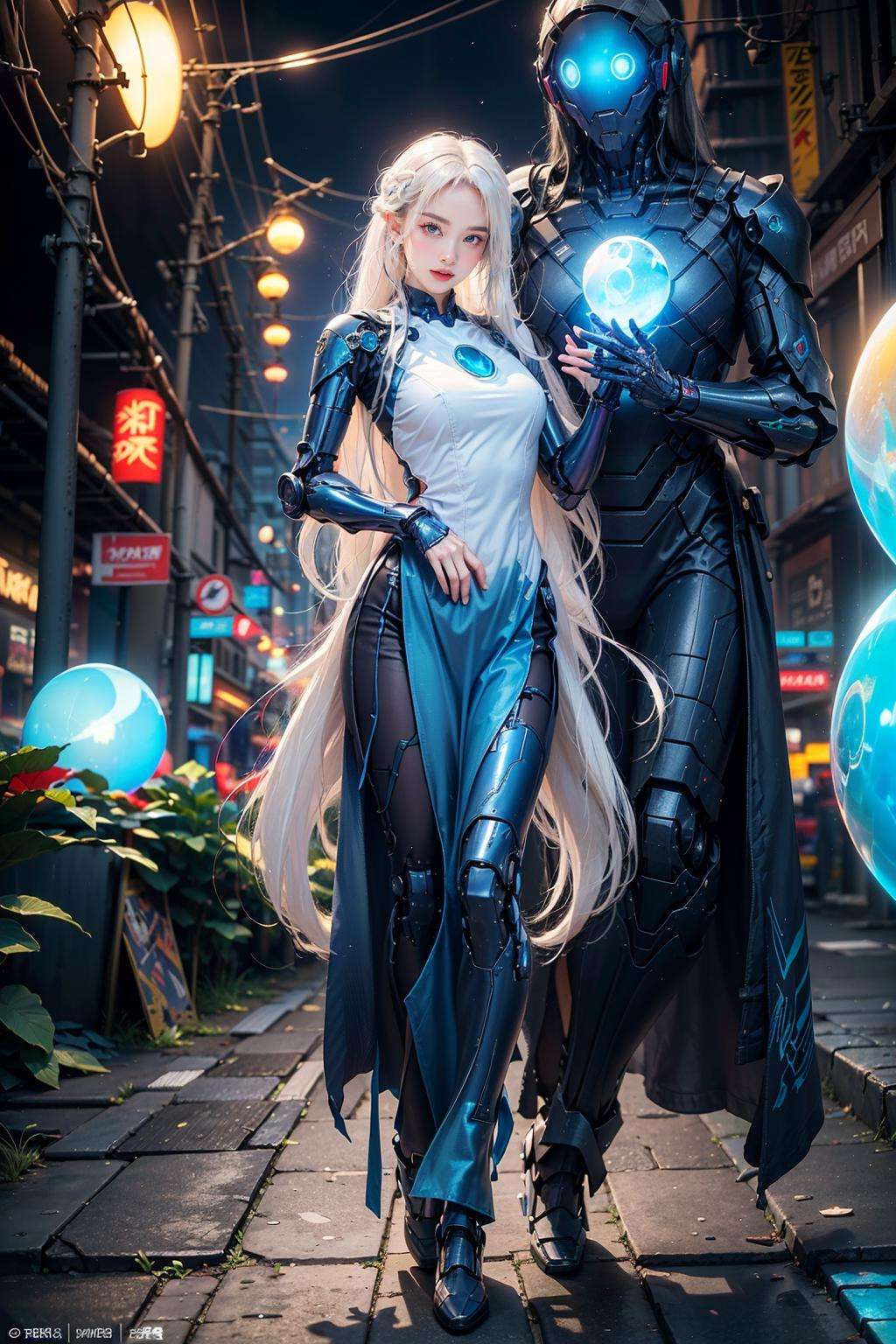 official art, unity 8k wallpaper, (ultra detailed), beautiful and aesthetic, beautiful, masterpiece, best quality, (1girl:1.3), (long hair, white hair:1.4), mature female, cyberpunk, mecha, sexy, iridescent eyes, starry sky, standing, futubot, futureaodai, (street:1.3), neon light, (blue orb core:1.4)(white clothes:1.3)(wind blowing:1.3)<lora:futureaodai-000010:0.75:MIDD>