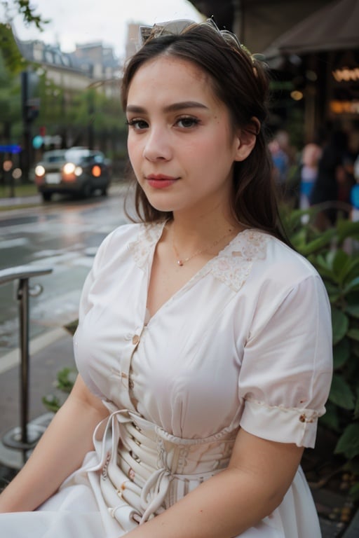 RAW, analog, Nikon Z 85mm, award winning glamour photograph,((best quality)), ((masterpiece)), ((realistic)), 18th century, vintage image, gorgeous French woman wearing, lace dress and corset, wearing a crown, 25 year old, (long brown hair), hazel eyes, small perky breasts, sitting outside at a Paris caf, eiffel tower in background, petite, ((small breasts)), innocent, flower pedals in the air, (freckles:0.6), intricate details, highly detailed, sharp focus, professional, 4k, spring flowers blooming, god rays, hand model, stunning blue eyes, petite, delicate, innocent,highres, detailed facial features, high detail, sharp focus, smooth, aesthetic, extremely detailed, photo_\(ultra\), photorealistic, realistic, post-processing, max detail, roughness, real life, ultra realistic, photorealism, photography, 8k uhd, photography, SEMI-SILHOUETTE light, russian face,   <lora:n4git4-06:0.85>