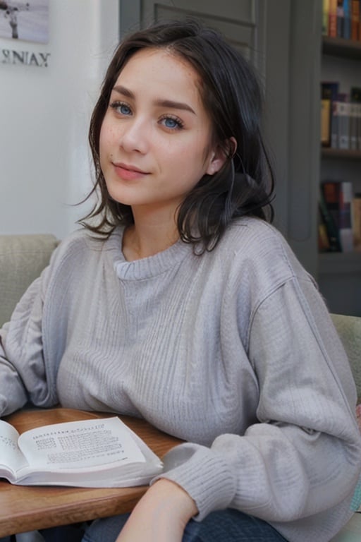 a photo of a (beautiful:1.2) (cute:1.2) (curvy:0.8) 25 year old blonde Scandinavian woman sitting at a table, wearing a dark gray sweater, hair behind one shoulder, looking at the camera, book on the table, library, blue eyes, (smiling:0.7), (detailed skin:1.2),,  <lora:n4git4-05:1:1>