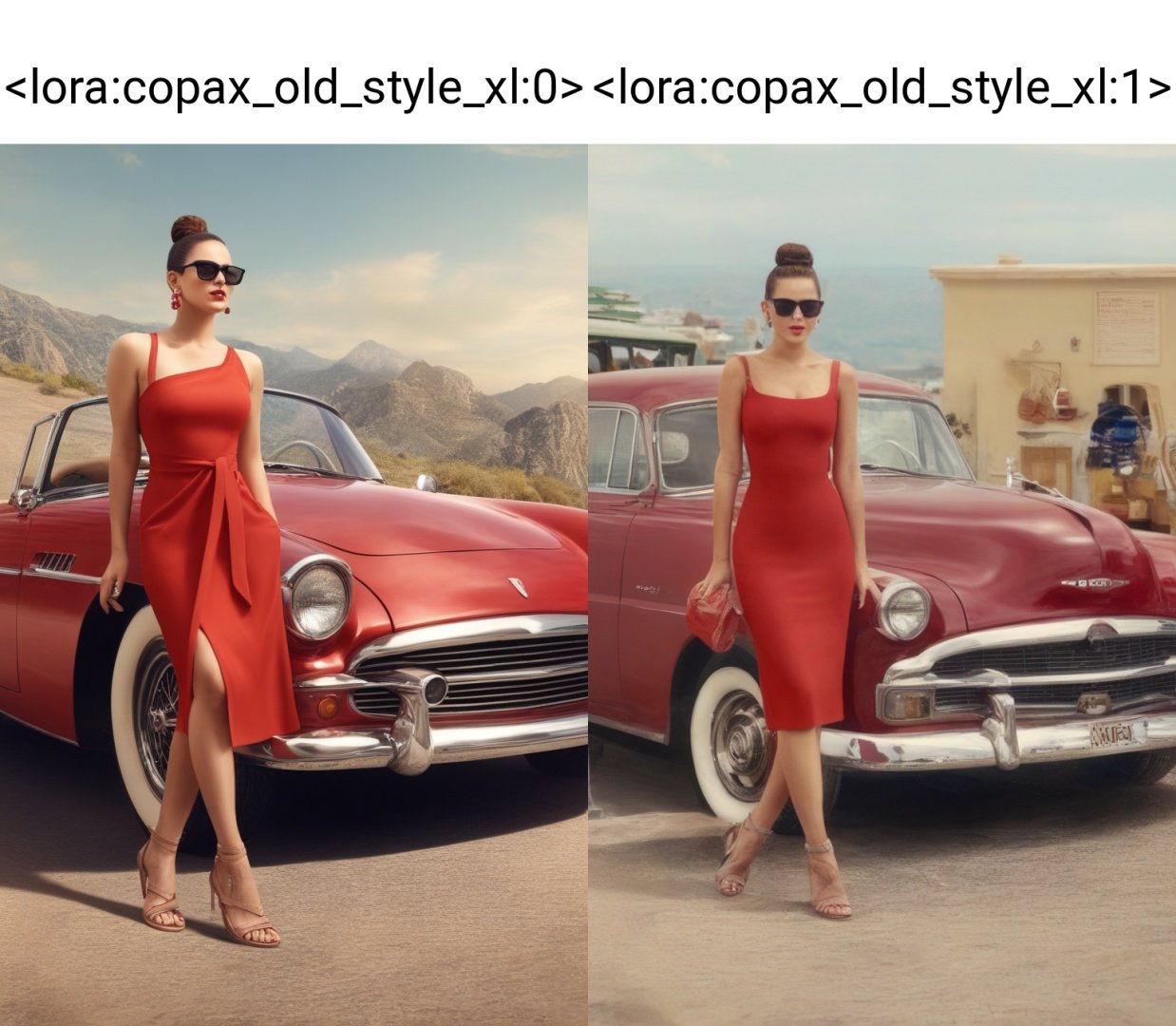 old style, 1girl, solo, breasts, short hair, brown hair, dress, bare shoulders, jewelry, standing, full body, earrings, sleeveless, hair bun, nail polish, high heels, lips, short dress, red dress, sandals, single hair bun, sunglasses, crossed legs, ground vehicle, motor vehicle, realistic, adjusting eyewear, car <lora:copax_old_style_xl:0>,