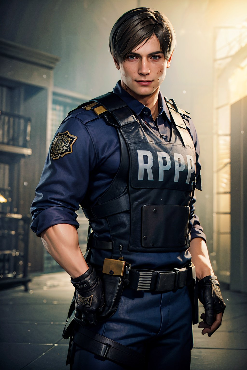 1boy, cowboy shot of re2leon, police uniform, bulletproof vest, athletic, volumetric lighting, best quality, masterpiece, intricate details, tonemapping, sharp focus, hyper detailed, trending on Artstation, looking at viewer, realistic,smile,skinny, <lora:EMS-25960-EMS:0.8>