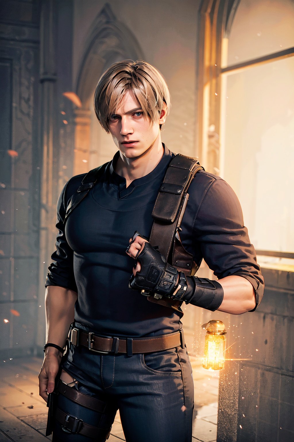 1boy, cowboy shot of re4leon,black shirt, holster, black pants, volumetric lighting, athletic, best quality, masterpiece, intricate details, tonemapping, sharp focus, hyper detailed, trending on Artstation, looking at viewer, realistic, <lora:EMS-25960-EMS:0.8>