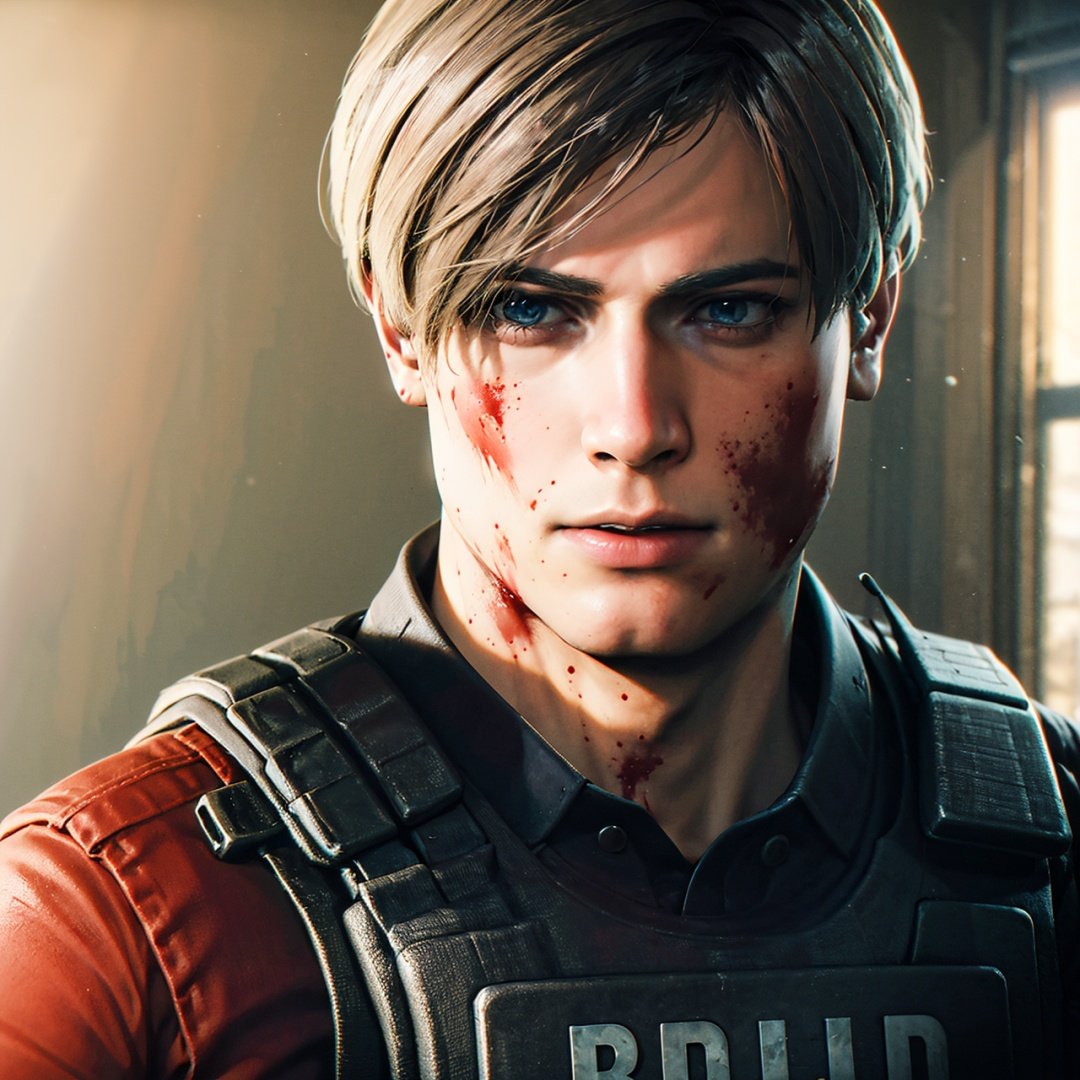 1boy, portrait of re2leon, police uniform, bulletproof vest, (blood on face), scared, athletic, volumetric lighting, best quality, masterpiece, intricate details, tonemapping, sharp focus, hyper detailed, trending on Artstation, looking at viewer, realistic, <lora:EMS-25960-EMS:0.8>