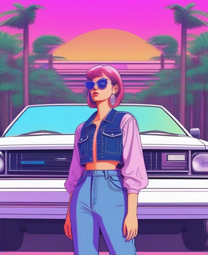 1girl, aesthetic, building, car, city, collared shirt, denim, earrings, ground vehicle, jacket, jeans, jewelry, midriff, motor vehicle, navel, outdoors, palm tree, pants, road, shirt, short hair, solo, standing, sunglasses, tree, vehicle focus, vaporwave <lora:sdxl_aesthetic:1>