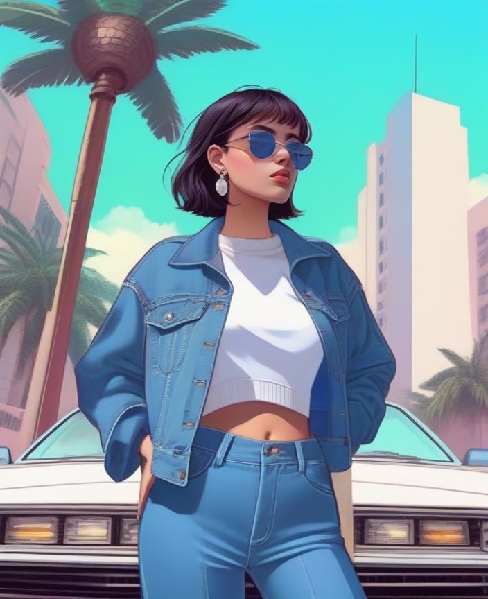 1girl, aesthetic, building, car, city, collared shirt, denim, earrings, ground vehicle, jacket, jeans, jewelry, midriff, motor vehicle, navel, outdoors, palm tree, pants, road, shirt, short hair, solo, standing, sunglasses, tree, vehicle focus <lora:sdxl_aesthetic:1>