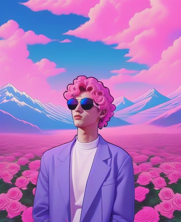1boy, aesthetic, vaporwave, bird, cloud, collarbone, curly hair, flower, male focus, mountain, outdoors, parted lips, pigeon, pink hair, pink sky, rose, sky, solo, sunglasses <lora:sdxl_aesthetic:1>