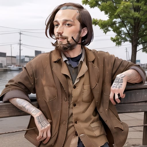 bartoslora1 man, beard, brown jacket, facial hair, jacket, looking at viewer, mustache, pants, profile, realistic, shirt, sleeves rolled up, smile <lora:bartoslora1-000005:1>