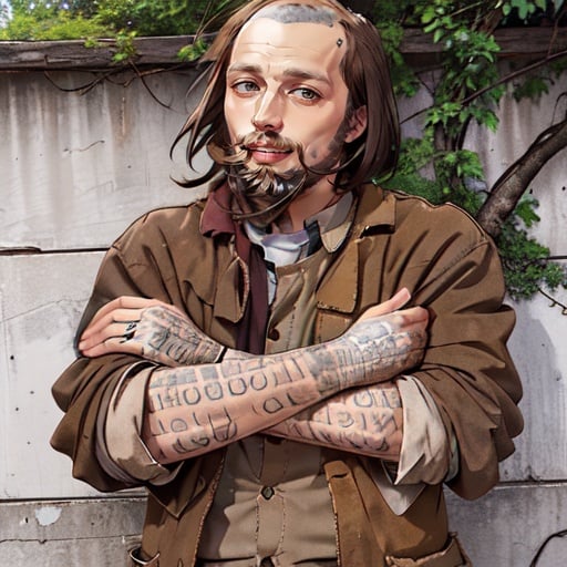 bartoslora1 man, beard, brown jacket, facial hair, jacket, looking at viewer, mustache, pants, profile, realistic, shirt, sleeves rolled up, smile <lora:bartoslora1-000005:1>