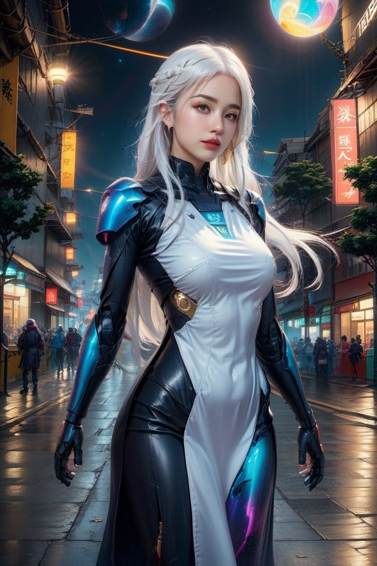 official art, unity 8k wallpaper, (ultra detailed), beautiful and aesthetic, beautiful, masterpiece, best quality, (fullbody) (1girl:1.3), (long hair, white hair:1.4), mature female, cyberpunk, mecha, sexy, iridescent eyes, starry sky, standing, (street:1.3), neon light, (wind blowing:1.3),futuristic_aodai
