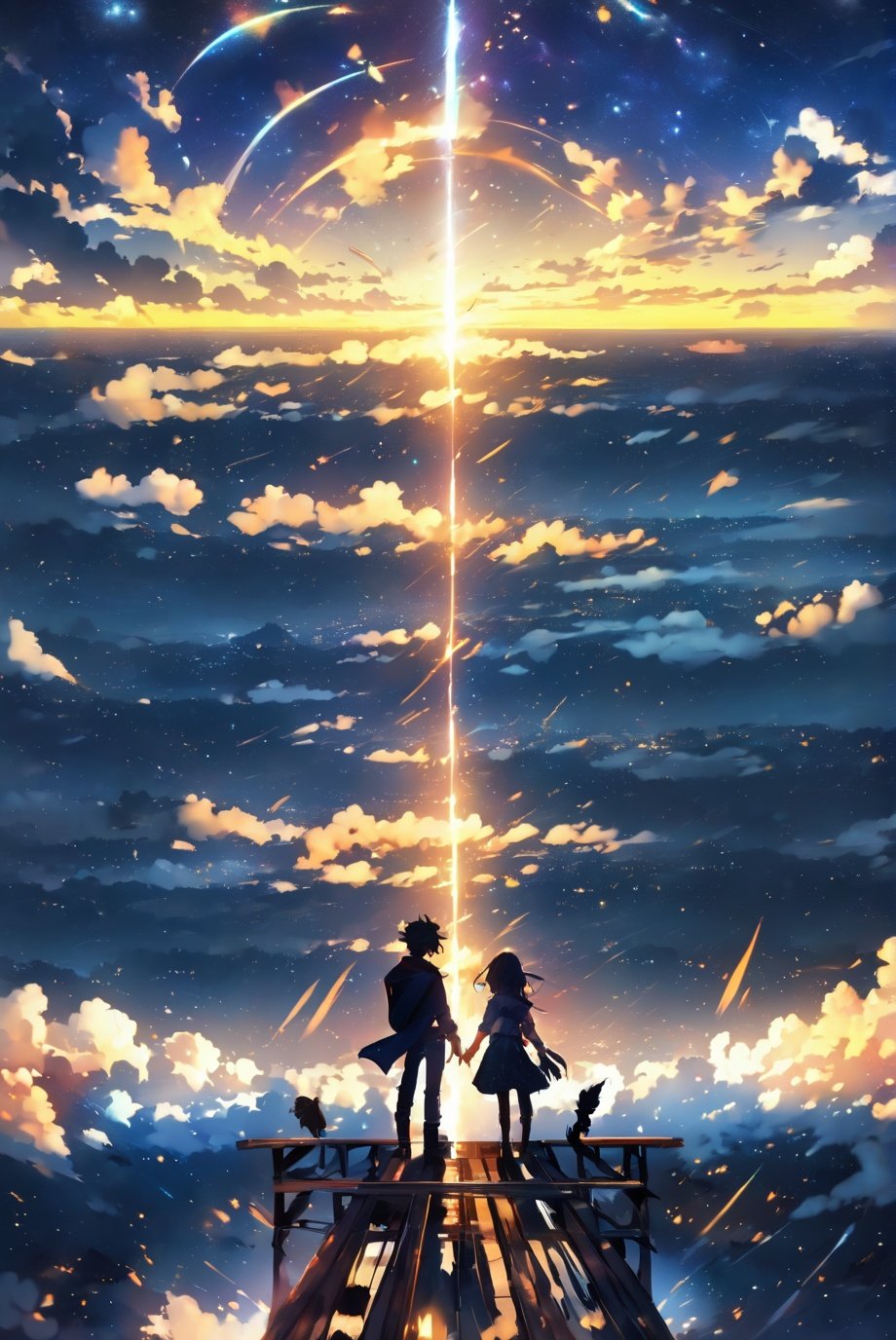 <lora:sdxl_EpicSky:1>, EpicSky, 1girl, long_hair, 1boy, standing, outdoors, sky, cloud, cloudy_sky, star_(sky), scenery, starry_sky, sunset, fantasy, railing, silhouette, shooting_star, diffraction_spikes