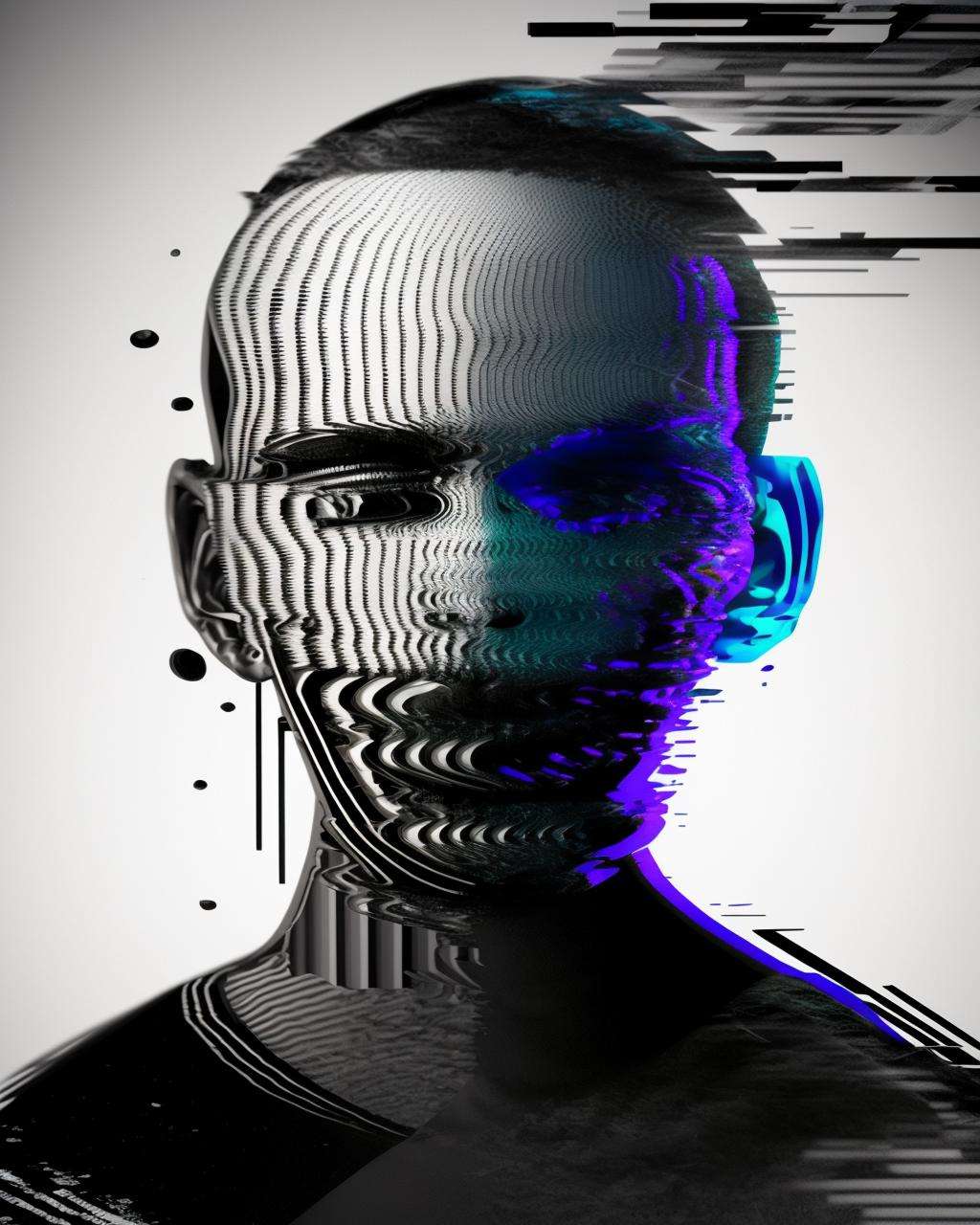 a digital head with a black background and a black background with a black background and a black background with a white head , glitch art