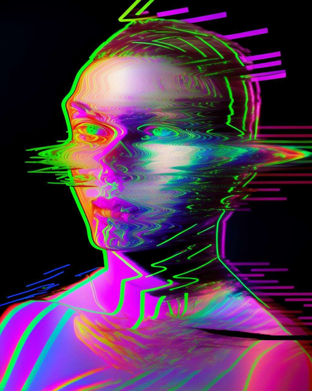 a man with a headband and a neon background with a rainbow effect on it, glitch art