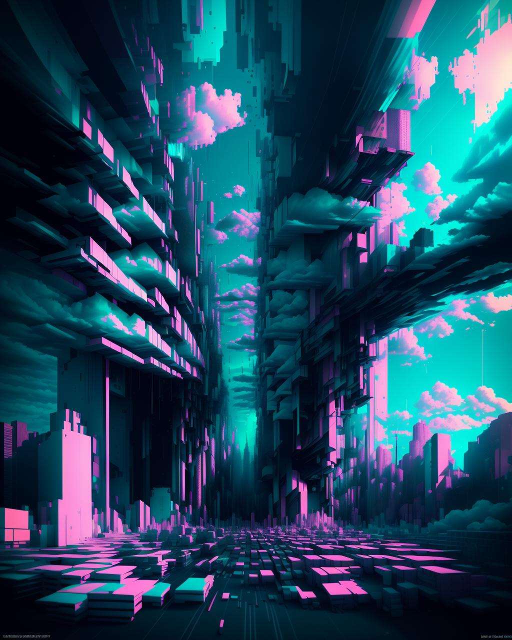 a picture of a city with a lot of clouds in the sky and a lot of cars, glitch art