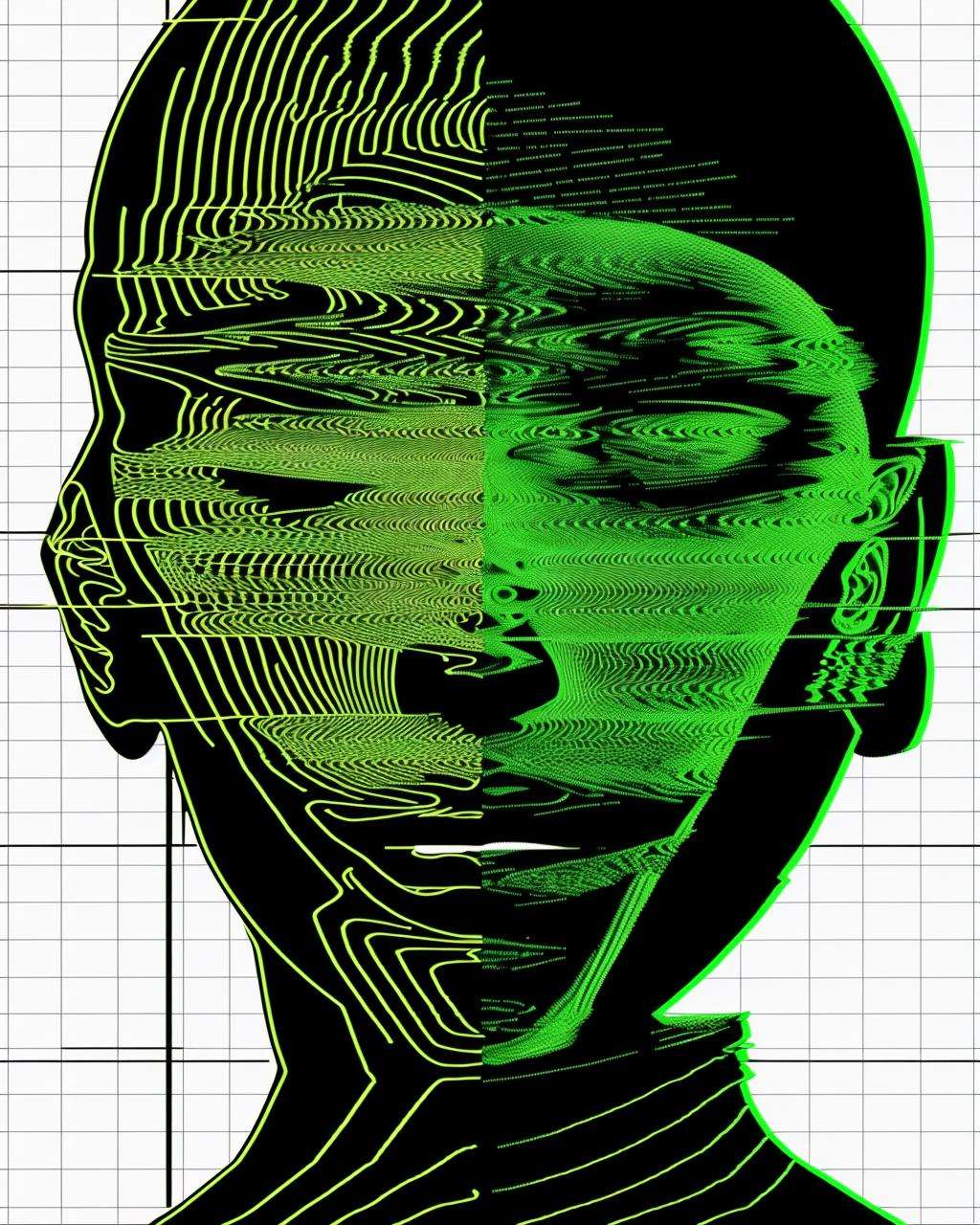a computer screen with a face made of lines and dots on it, with a black background, glitch art
