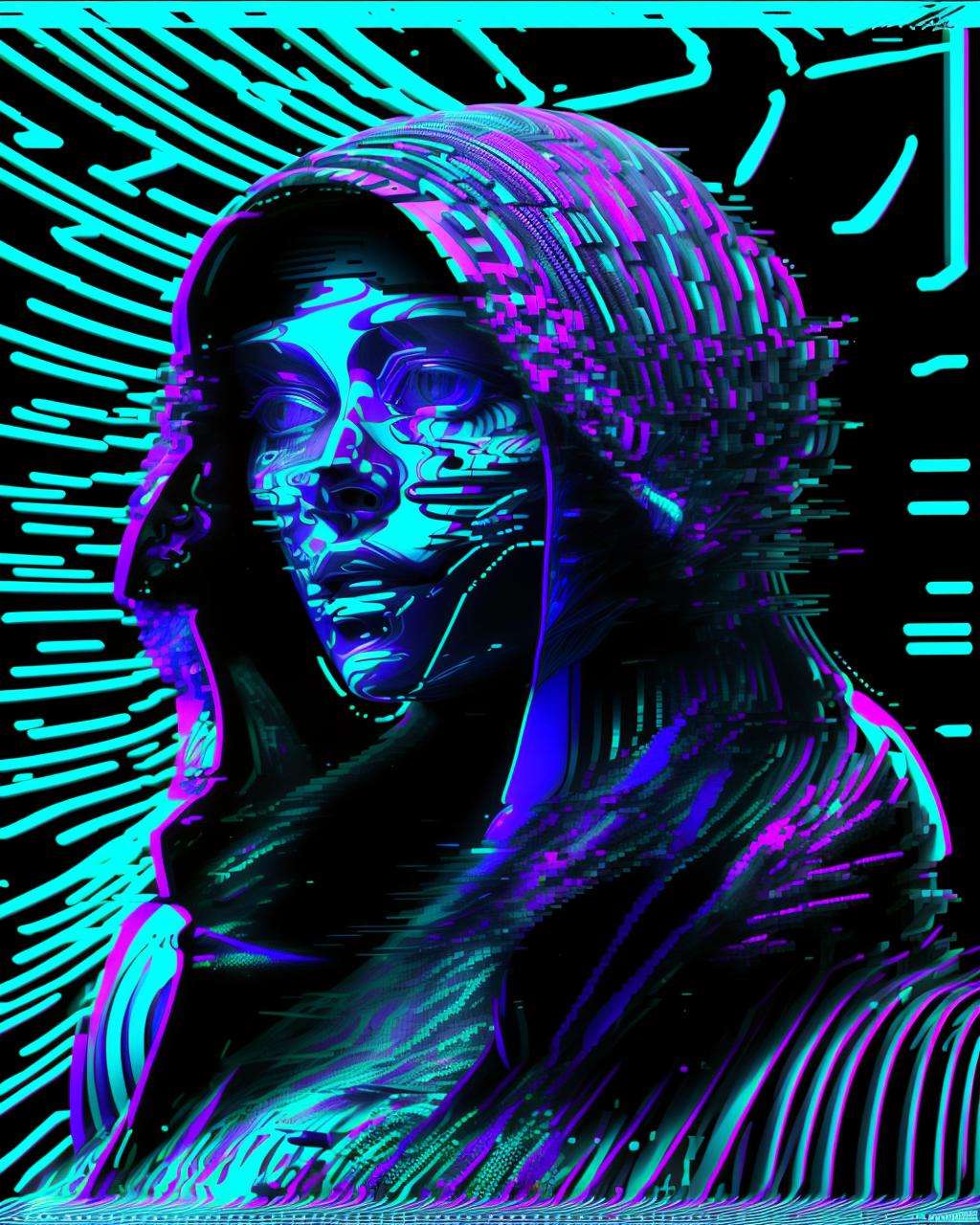 a person with a hood on their head and a long blue hair in the dark , glitch art, with a multicolored background and a pattern of lines and dots, Beeple, vaporwave colors, cyberpunk art, synchromism