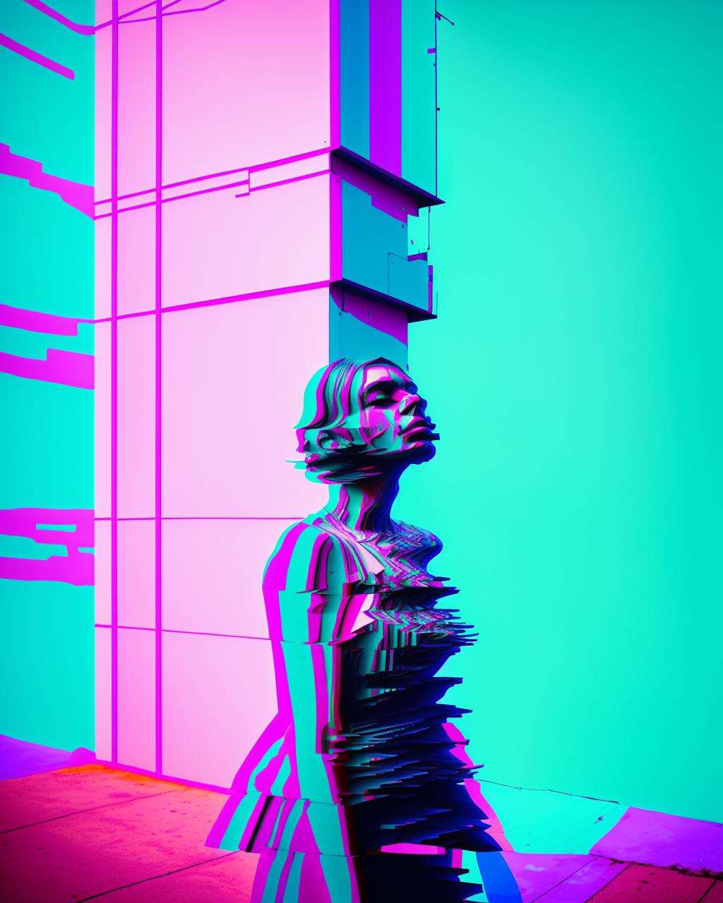 a woman standing in front of a building with a pink and blue background and a red and blue photo, glitch art
