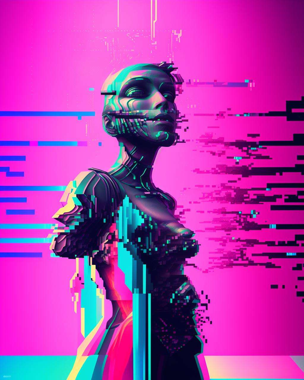 a woman standing in front of a building with a pink and blue background and a red and blue photo , glitch art, with a multicolored background and a pattern of lines and dots, Beeple, vaporwave colors, cyberpunk art, synchromism