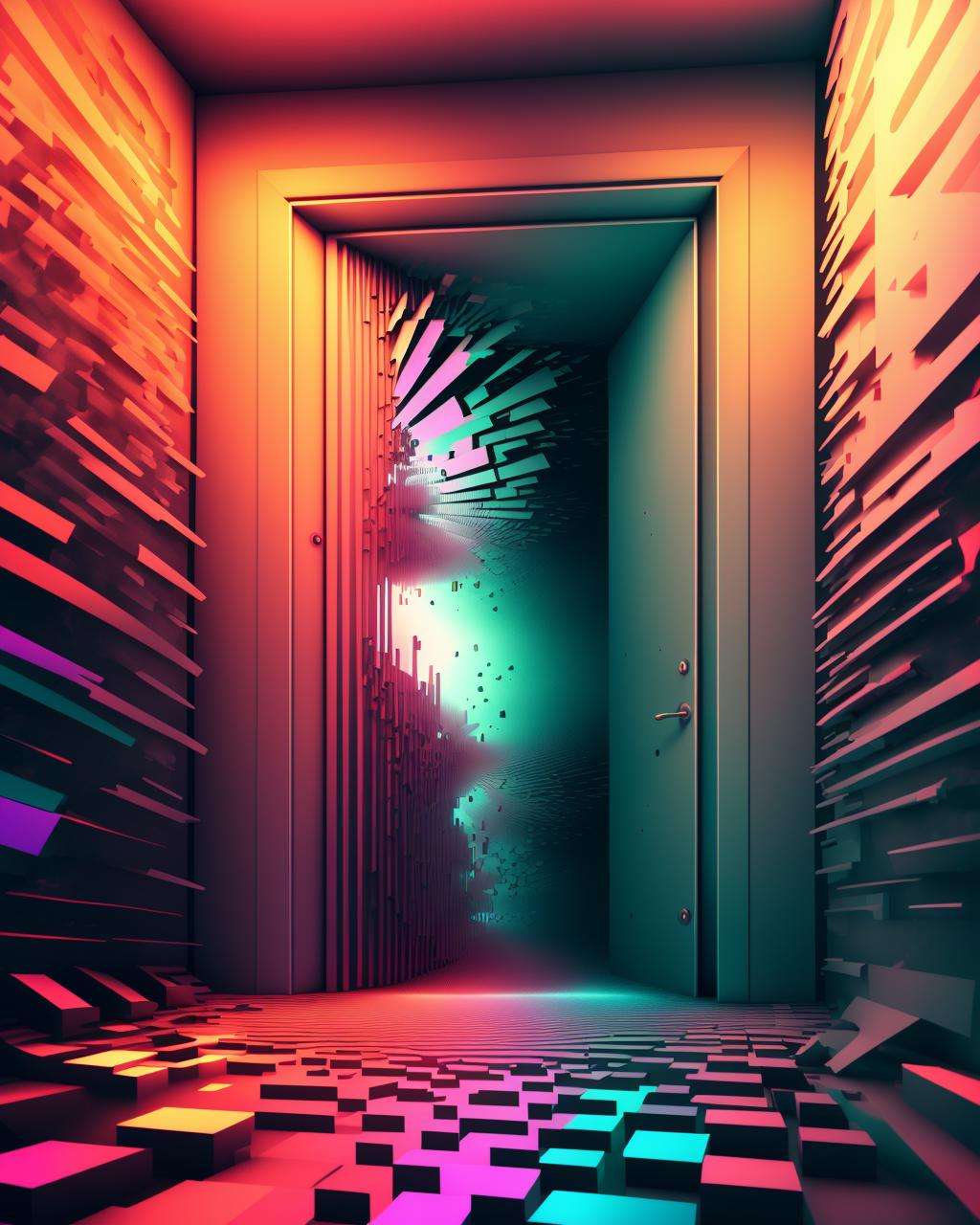 a room with a lot of different colored lights and a door in the middle of it, glitch art