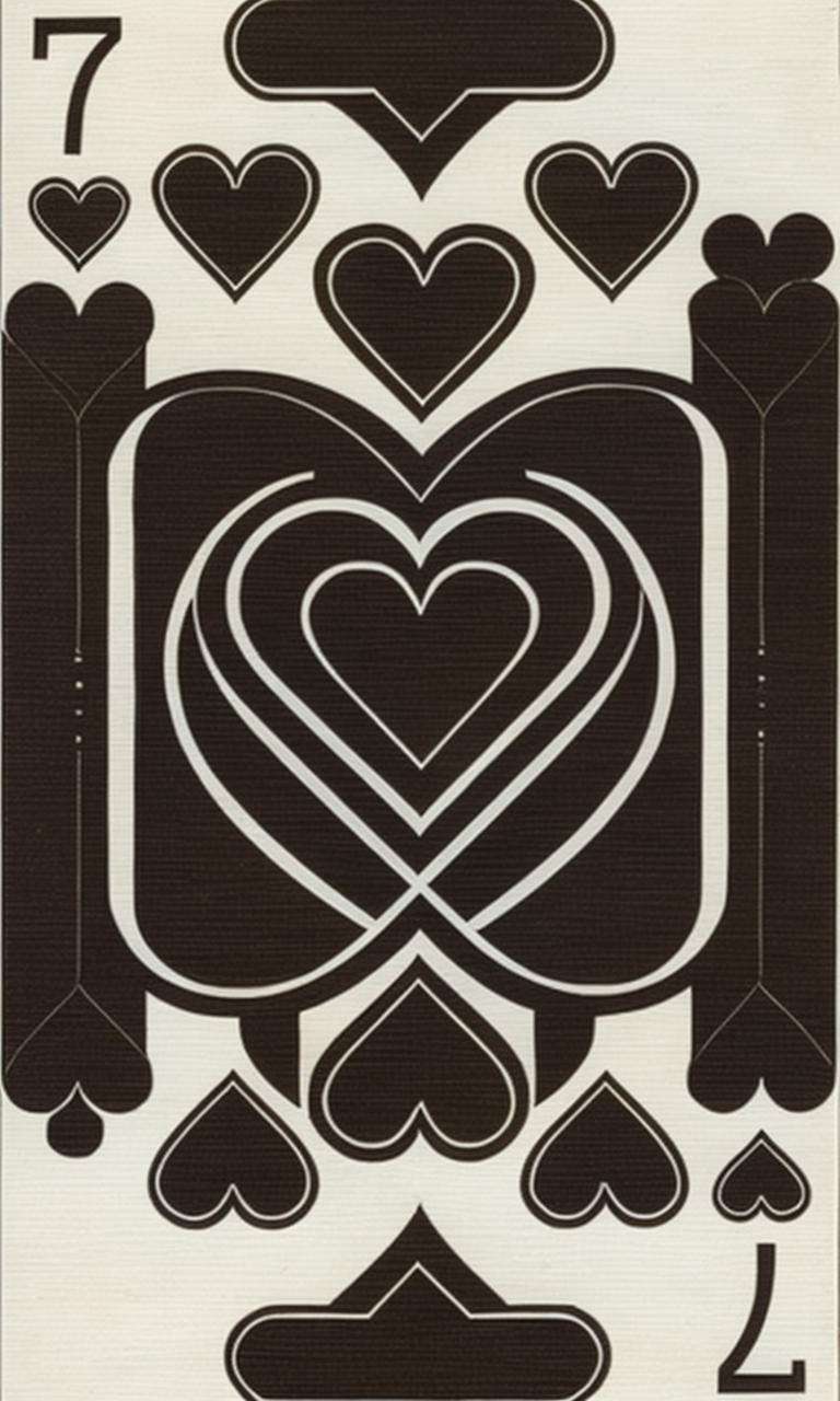 a playing card by Art Nouveau, Neo-Gothic, gothic, playing cards, rich deep moody colors that are related to water , a playing card (( 7_of_hearts  )), a playing card , Dosso Dossi, angular, a screenshot, rayonism 