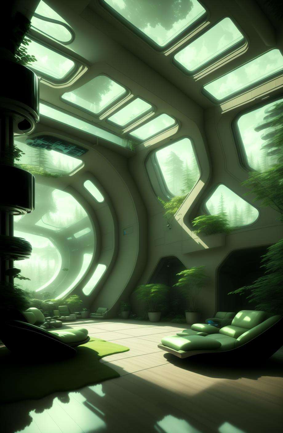 a futuristic room with a lot of windows , indoors, no humans, grass, plant, scenery, bowl