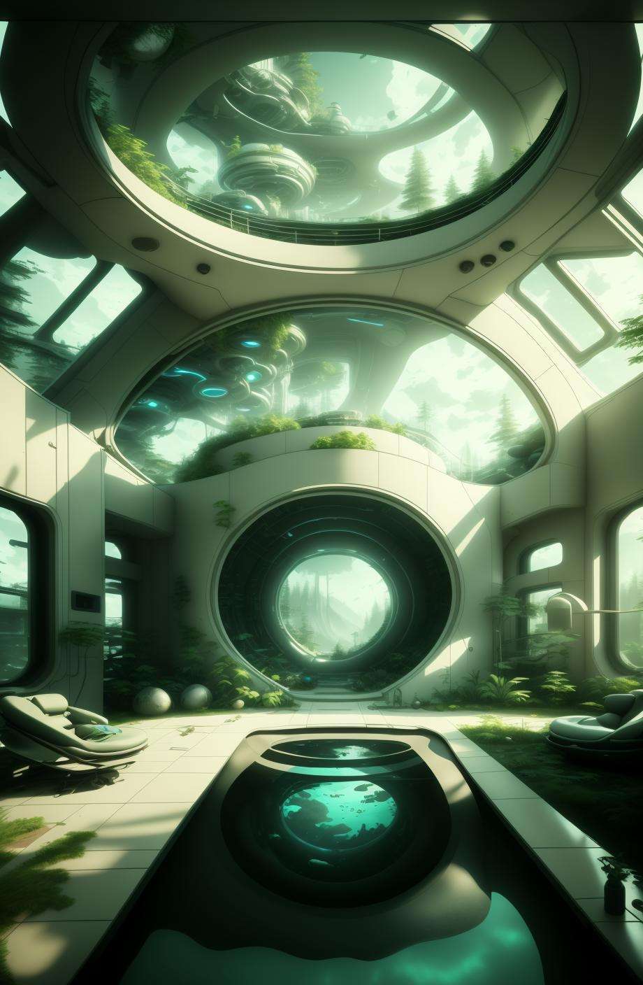 a futuristic house with a pool and a skylight , solo, indoors, window, scenery, reflection, science fiction