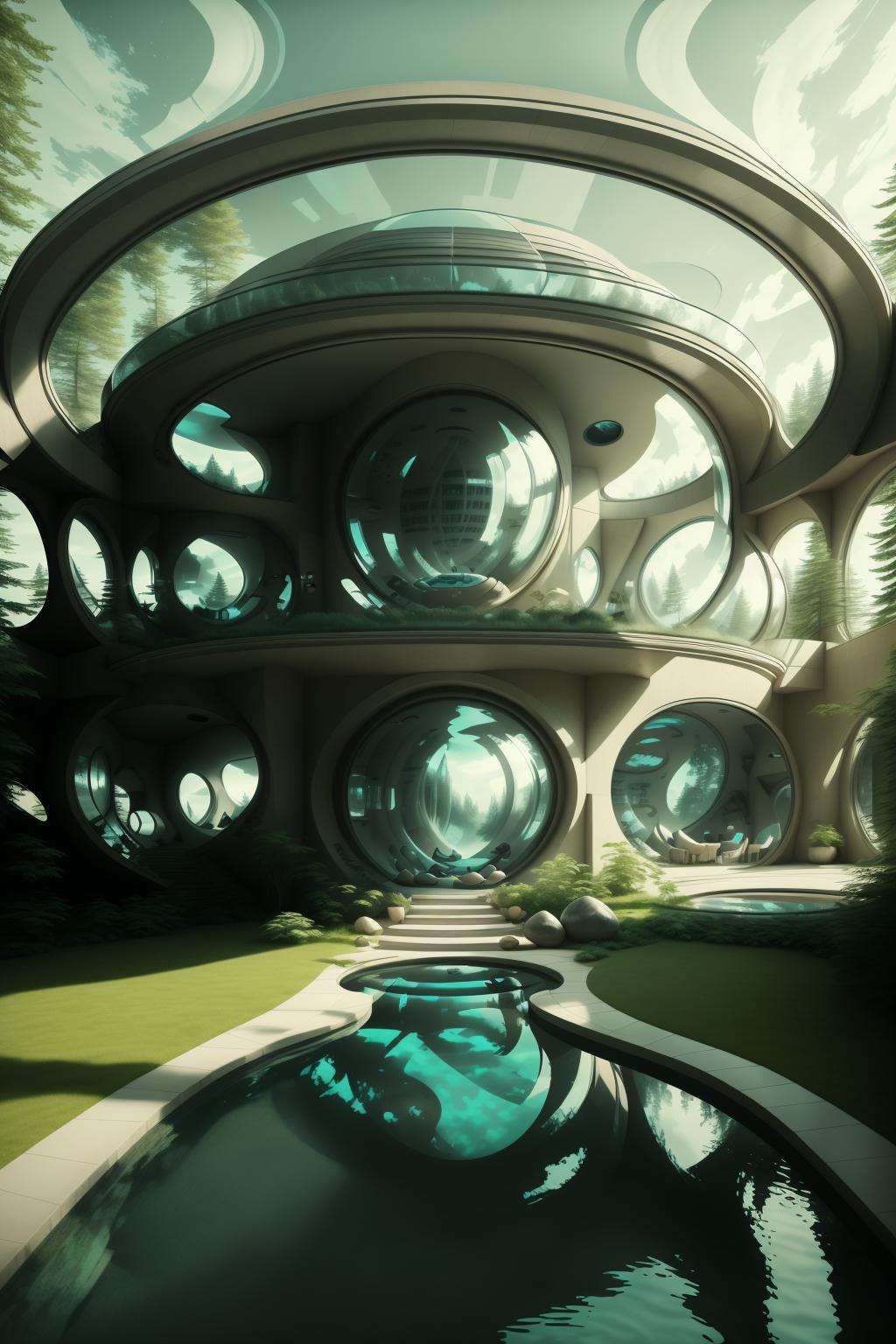 a large house with a curved pool in front of it and a large circular building with a glass window, Anton Graff, modern, a digital rendering, modernism