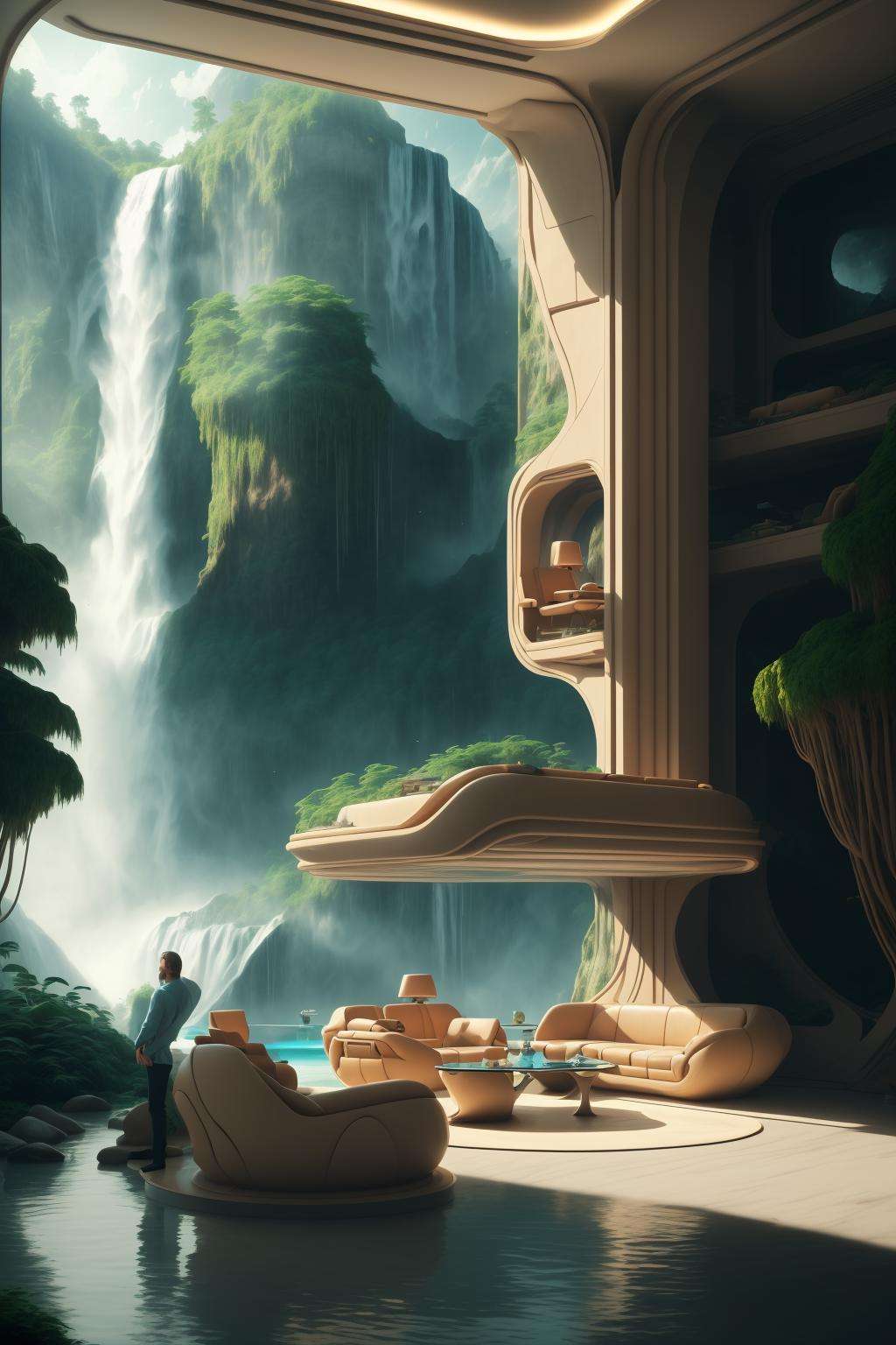 a man standing in a room with a waterfall in the background and a couch in the foreground with a table and chairs in front of it, Chris LaBrooy, utopian, a digital rendering, hypermodernism