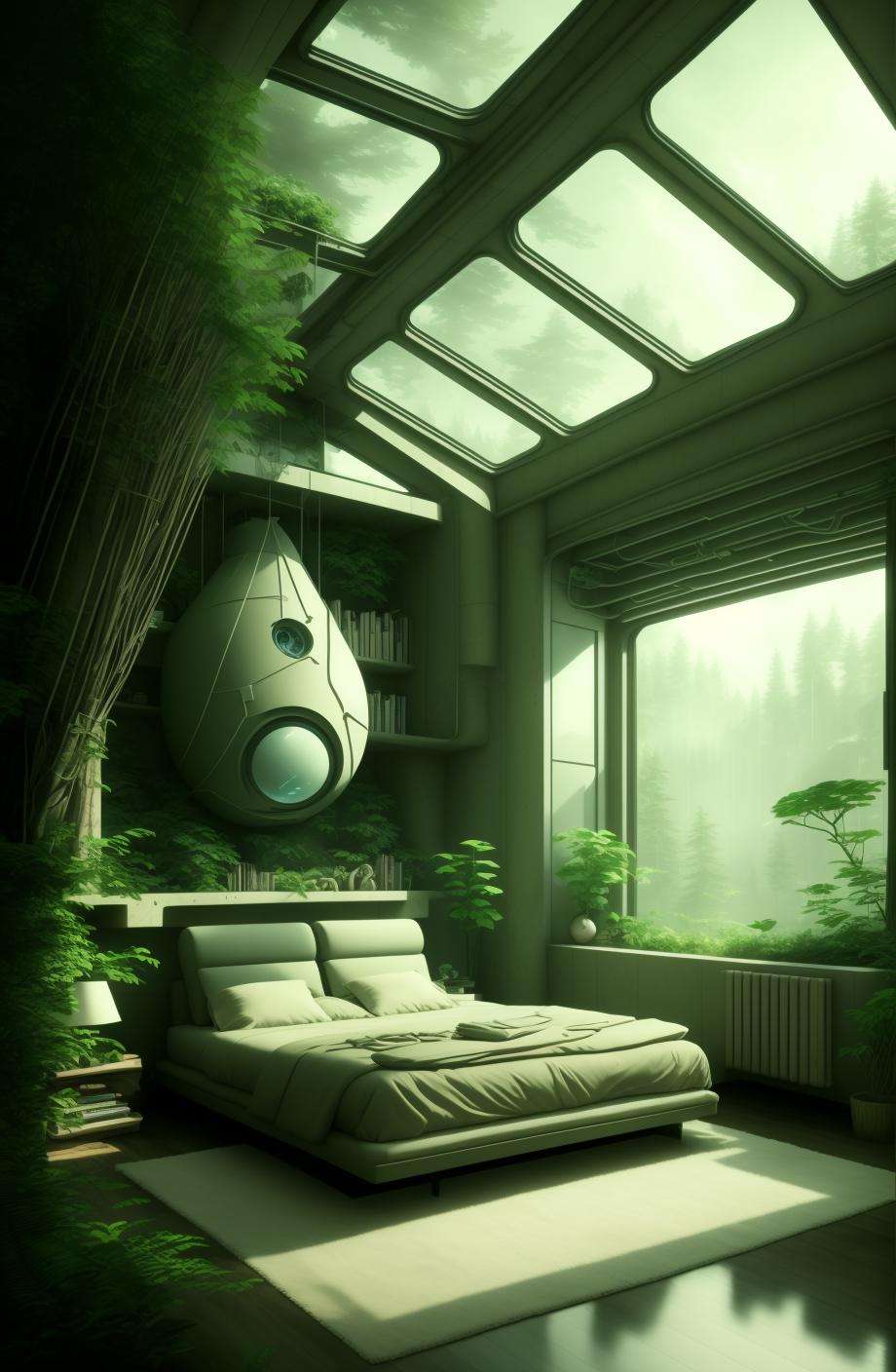 a room with a bed and a couch in it , indoors, tree, pillow, book, no humans, window, bed, plant, scenery, blanket, potted plant