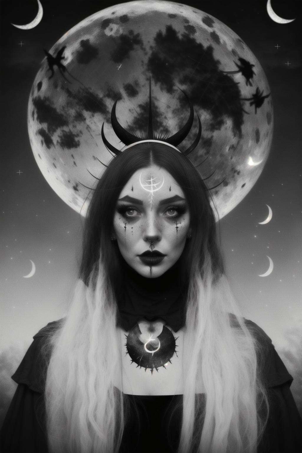 a woman with a crescent over her head , 1girl, solo, long hair, monochrome, upper body, greyscale, lips, night, moon, crescent moon , witch_style