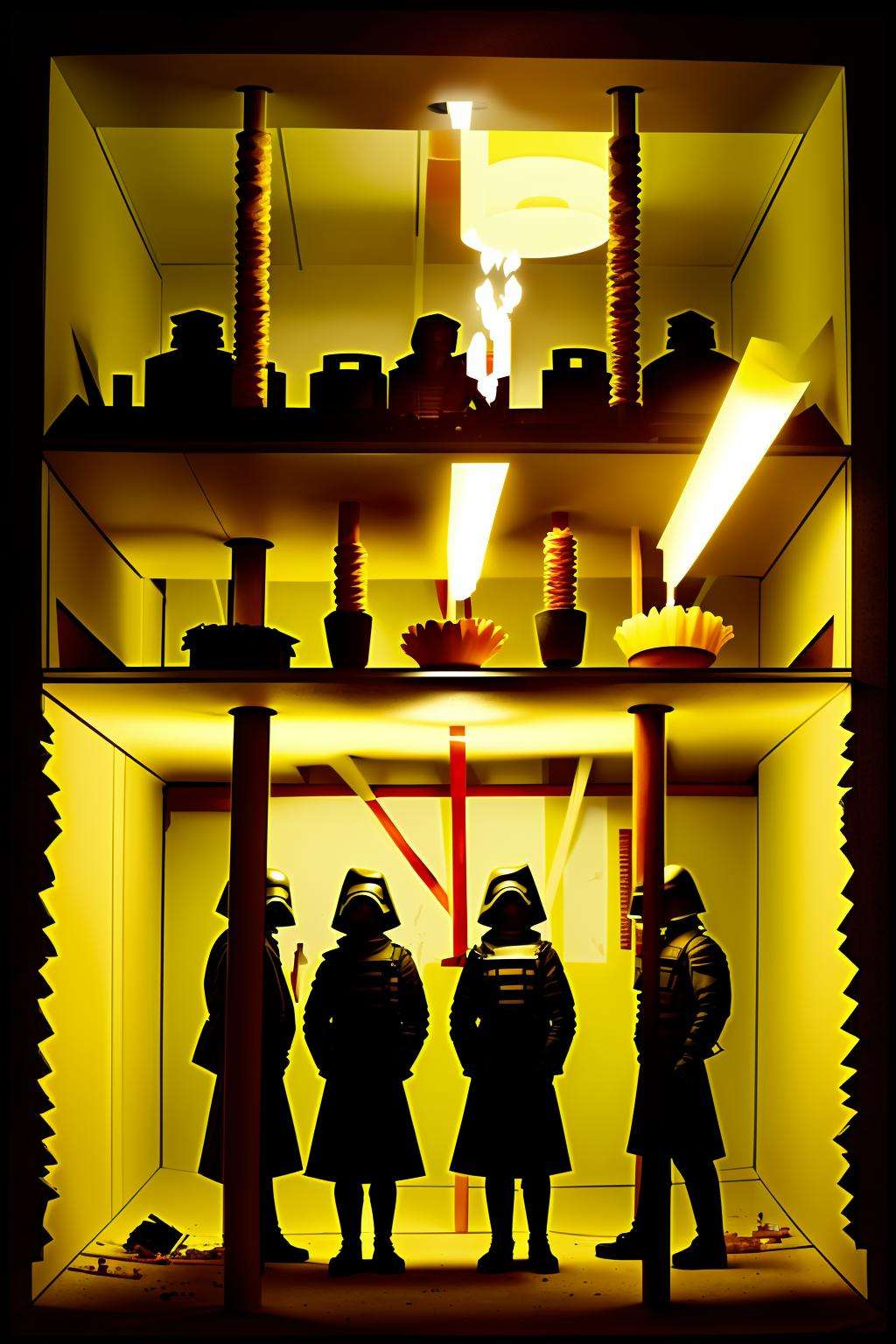 con_art1 Underground hideout, dimly lit with sputtering candles, rebels huddled, conspiring against a dystopian regime.