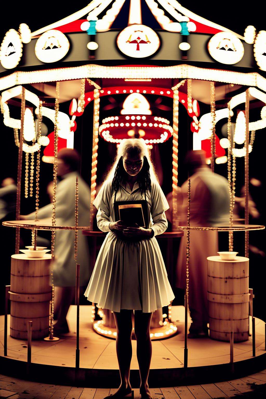 con_art1 Rain-soaked carnival, faded carousel spinning slowly, fortune teller predicting a future of paradoxes and chaos.
