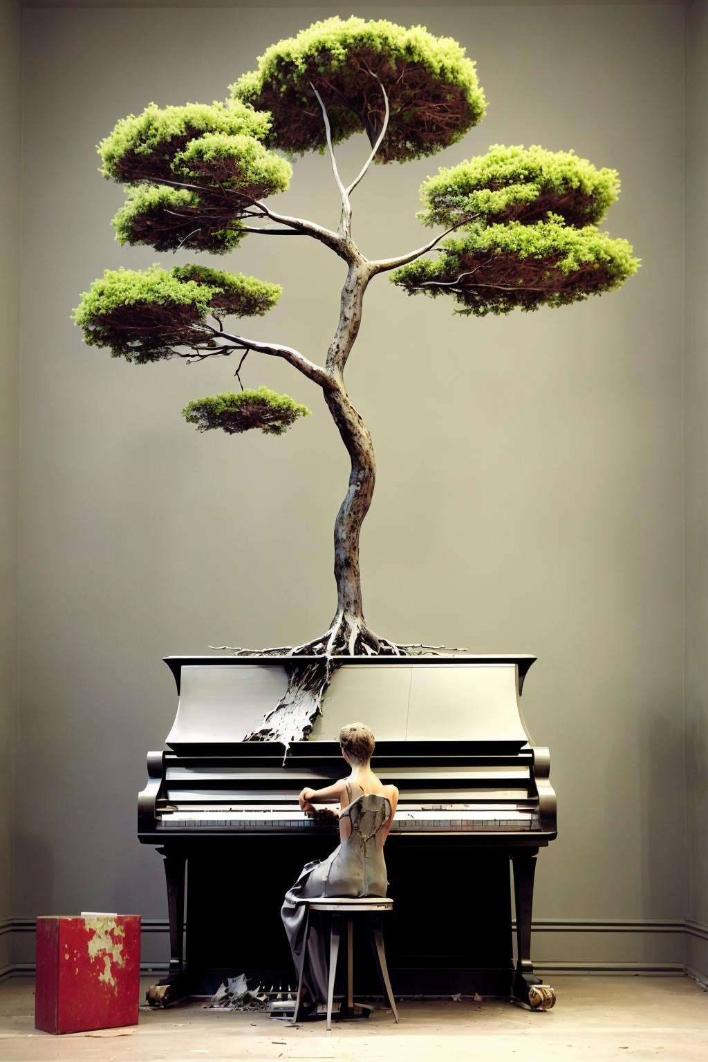 Sculpture: A steel tree growing from a cracked piano, symbolizing the endurance of art in the face of adversity. ,  con_art2