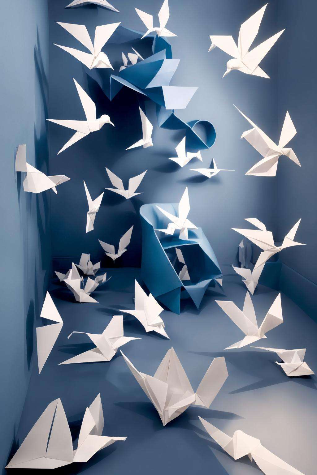 Installation: A room filled with suspended origami birds, casting intricate shadows that dance across the walls. ,  con_art2