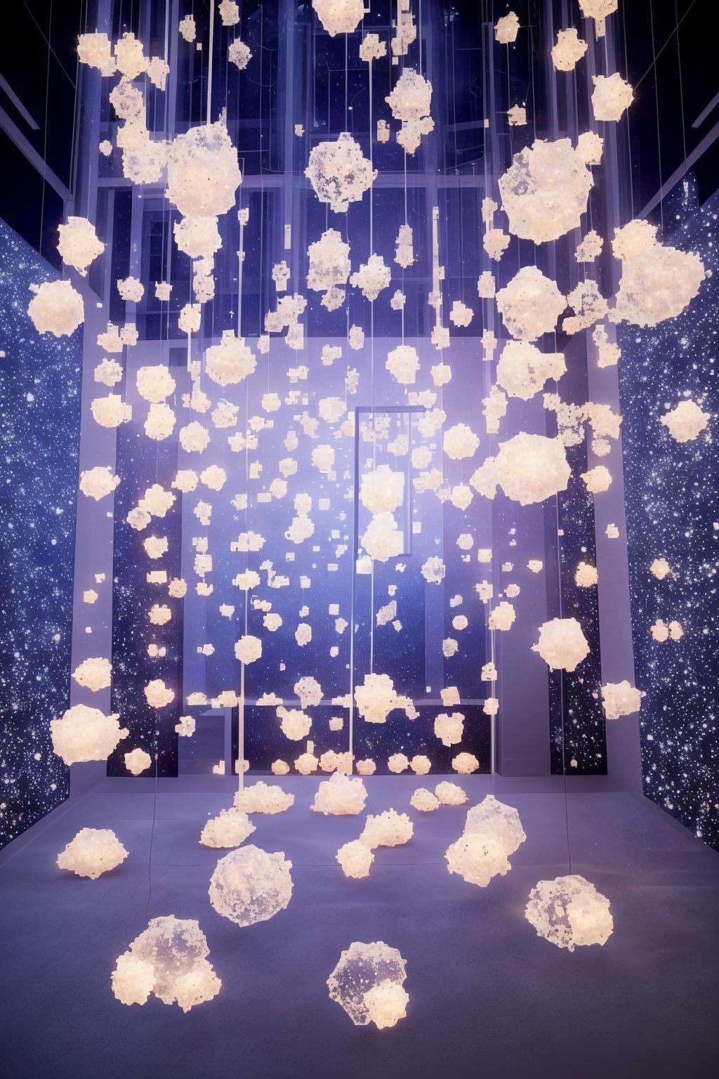 Installation: A room filled with suspended glass orbs, each containing a softly pulsating light, creating an ethereal constellation of luminescence. ,  con_art2