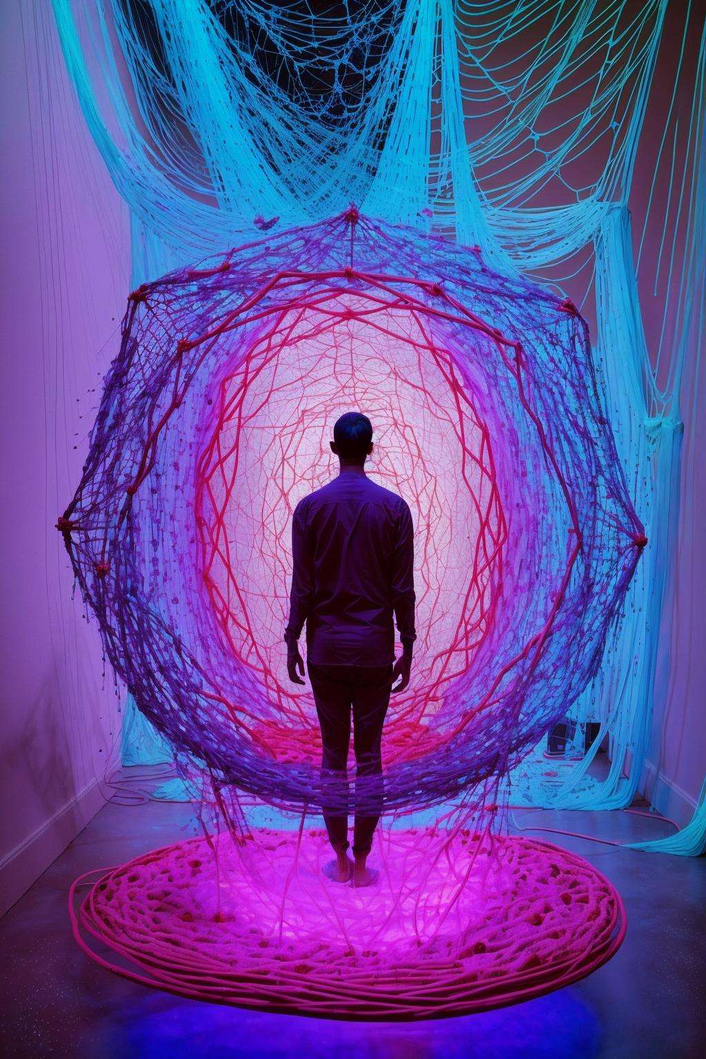 Installation: A massive, suspended net of woven neon threads, resembling a cosmic web connecting all living beings. ,  con_art2