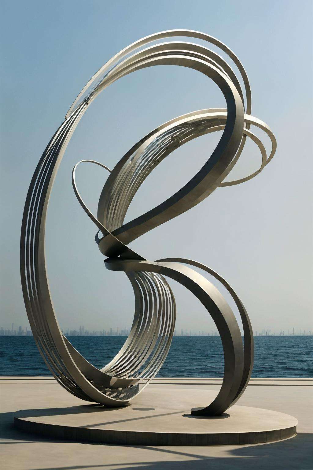 Sculpture: A kinetic metal structure, twisting and turning with the wind, evoking a sense of perpetual motion and change. ,  con_art2