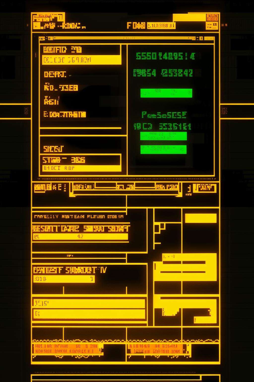 a television screen with a message written on it in a dark room with a black background and a red and yellow pattern, Bela Čikoš Sesija, screenshot, computer graphics, ascii art , cyber_ui