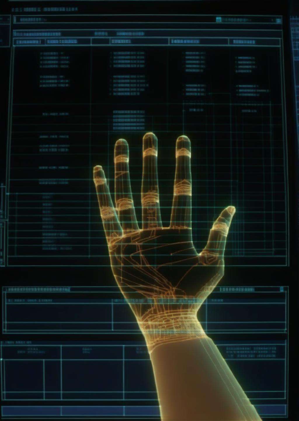 a screen shot of a hand that is on display in a museum of computer technology and information about the hand, cgi, a wireframe diagram, net art<lora:cyberui_sdxl:1.0>