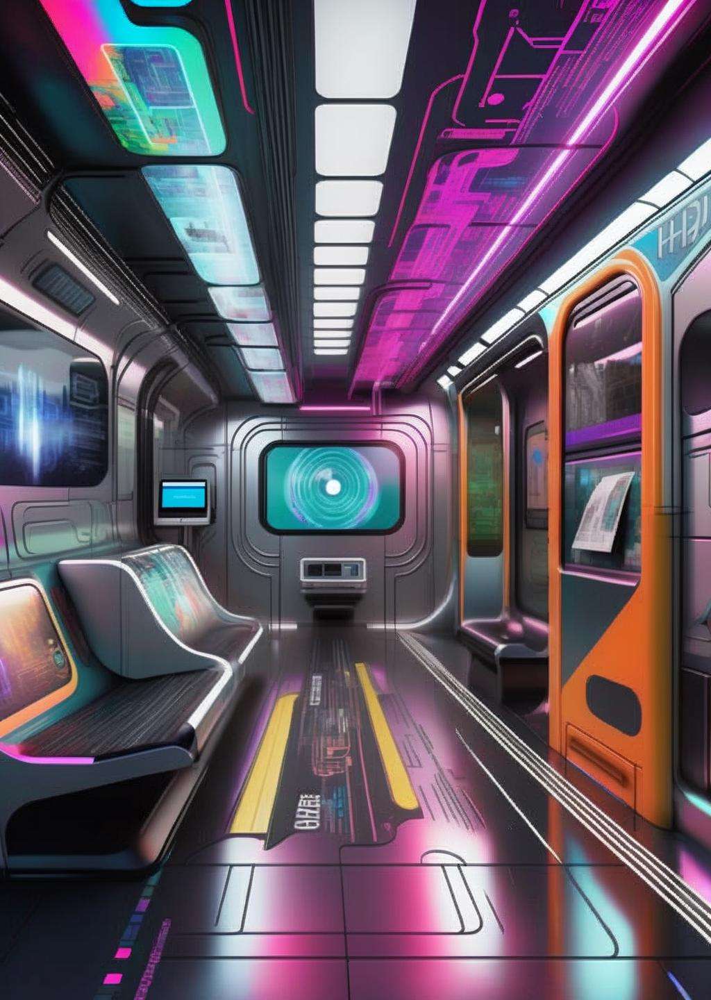 ((magazine photography)) , Subway station of the future, magnetic levitation trains, neon transit maps, holographic route guides, augmented reality ticket kiosks, interdimensional commuters. ,  cgstudio, computer graphics, space art , cyberpunk ambient, a room<lora:cyber_room_sdxl:1.0>