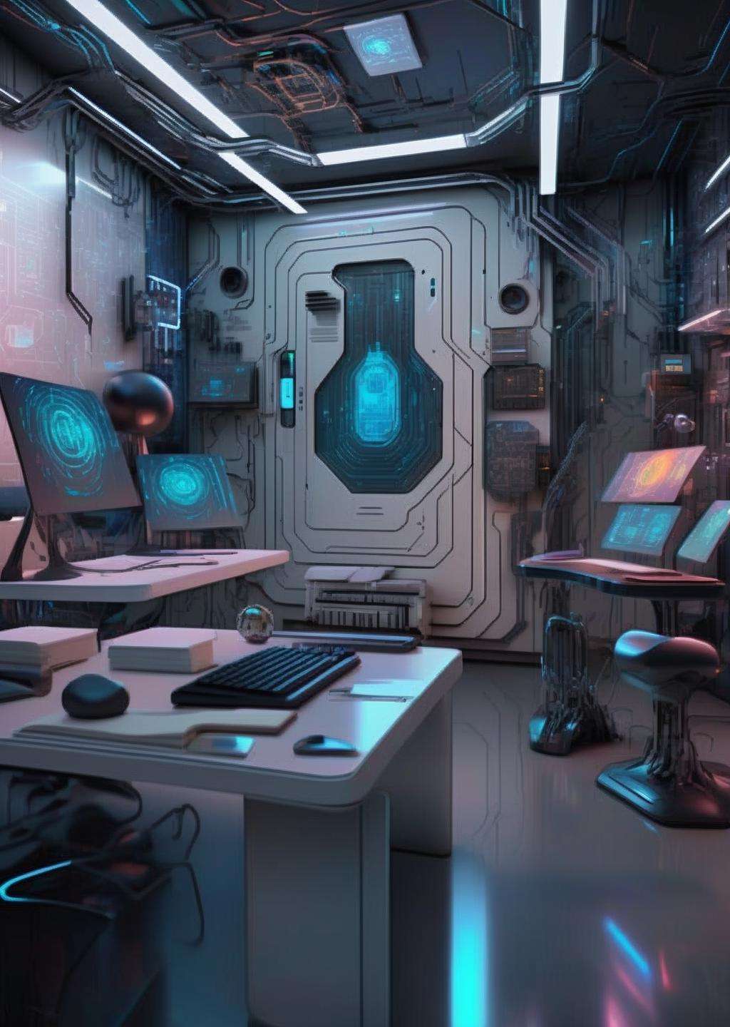 ((magazine photography)) , Techno-savant's den, cybernetic laboratory, AI collaborators, holographic whiteboards, code-covered walls, genius minds sculpting future, neurons and circuits intertwined. ,  cgstudio, computer graphics, space art , cyberpunk ambient, a room<lora:cyber_room_sdxl:1.0>