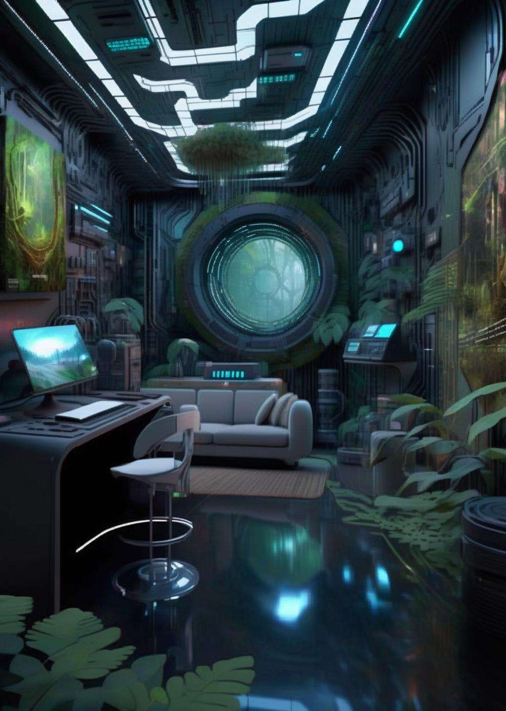 ((magazine photography)) , Virtual wilderness sanctuary, neural forest simulations, meditative digital wildlife, cybernetic nature explorers, eco-conscious technophiles seeking tranquility in code-crafted ecosystems. ,  cgstudio, computer graphics, space art , cyberpunk ambient, a room<lora:cyber_room_sdxl:1.0>