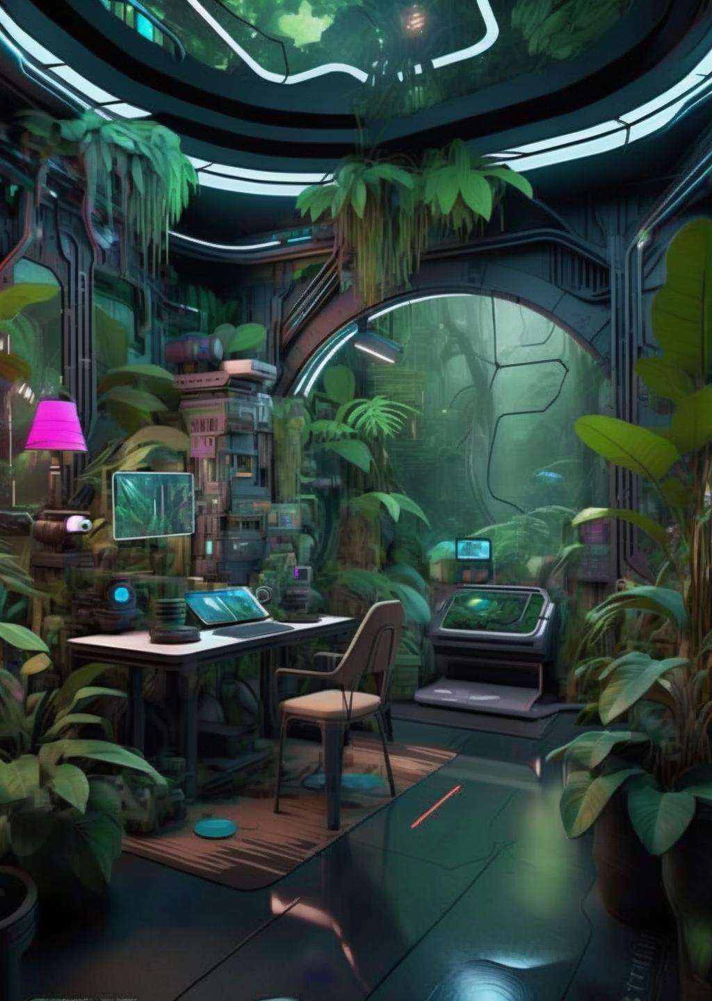 ((magazine photography)) , Digital jungle biome, augmented reality rainforest, immersive education in biodiverse ecosystems of the past. ,  cgstudio, computer graphics, space art , cyberpunk ambient, a room<lora:cyber_room_sdxl:1.0>