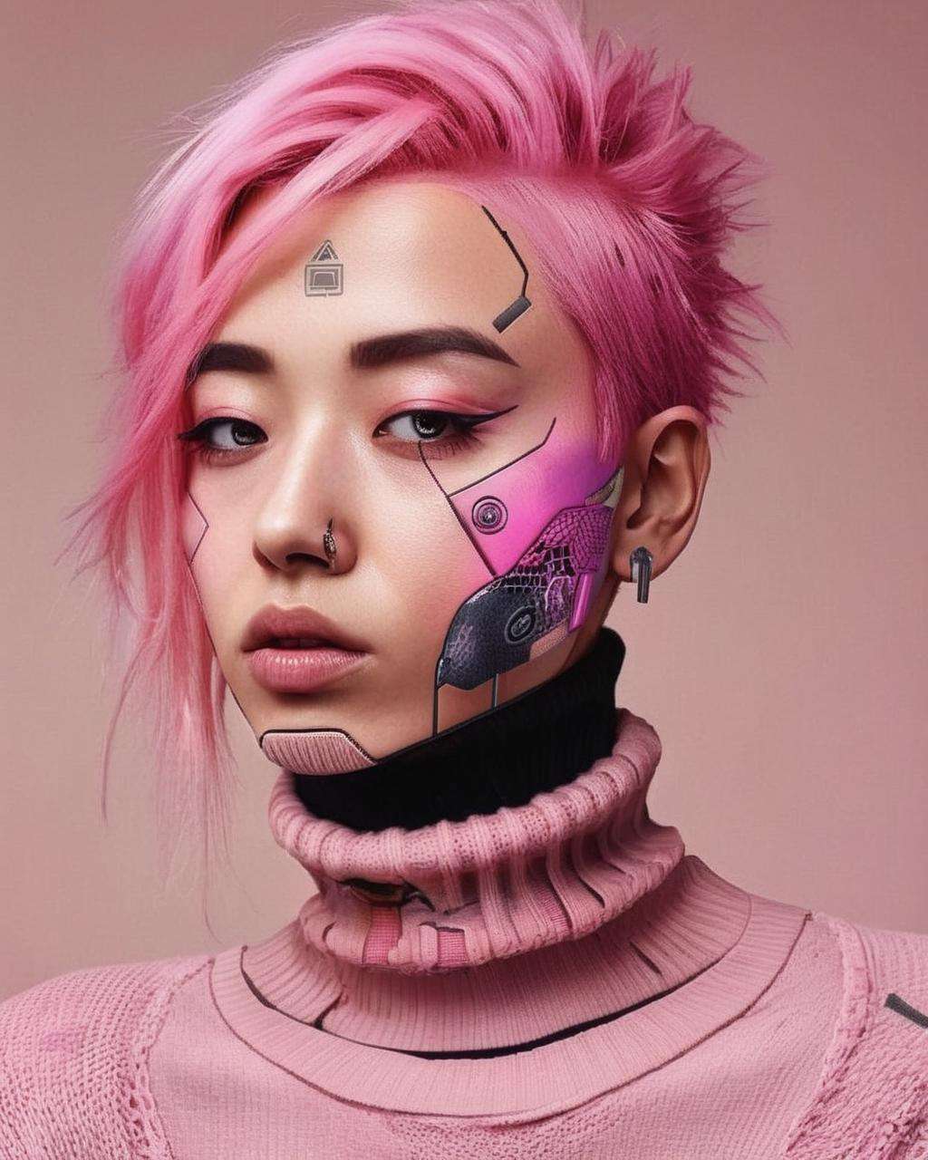 photography ,  a woman with a pink hair and a turtle neck sweater , cyberpunk style , fashion<lora:cyber_aesthetic_sdxl:1.0>