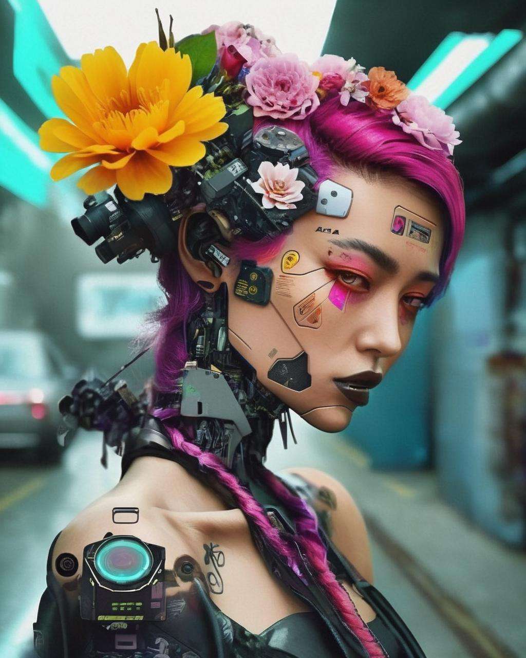 photography ,  a woman with a flower in her hair , cyberpunk style , fashion<lora:cyber_aesthetic_sdxl:1.0>