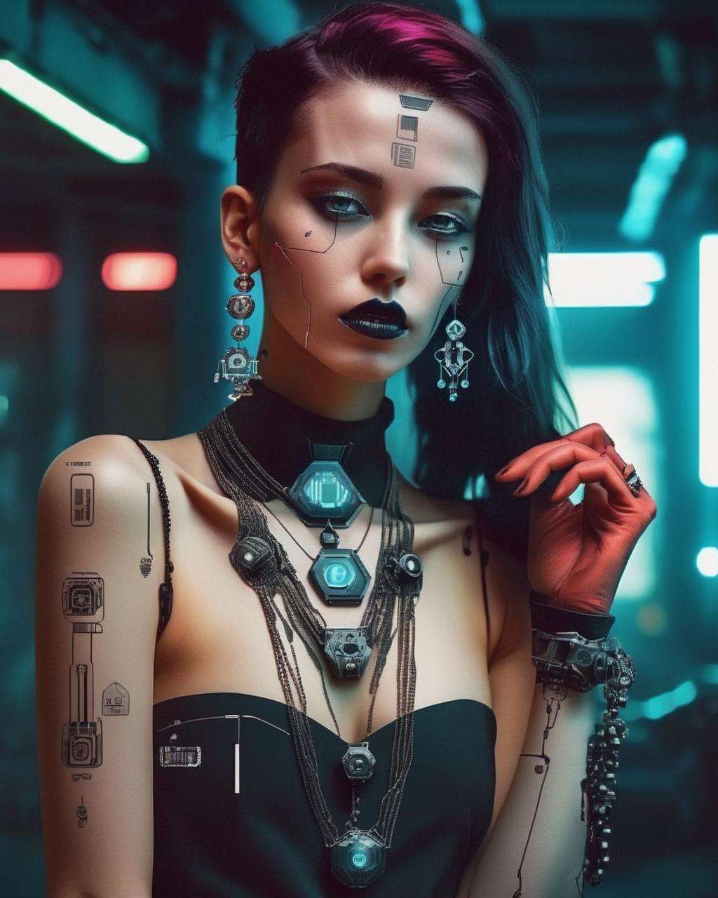 photography ,  a woman in a dress with a necklace and earrings , cyberpunk style , fashion<lora:cyber_aesthetic_sdxl:1.0>